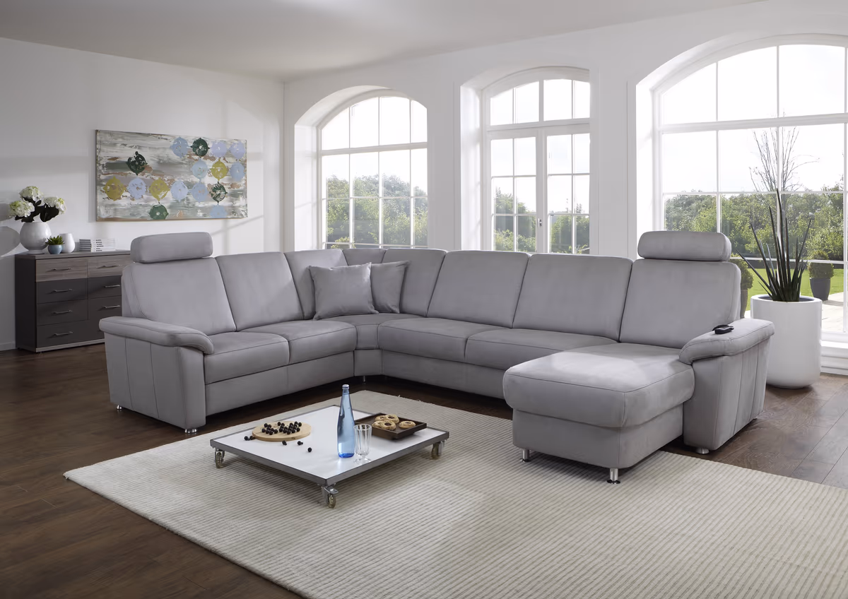 Wohnlandschaft - Ecke links, 2,5-Sitzer, Longchair rechts in Stoff Hellgrau