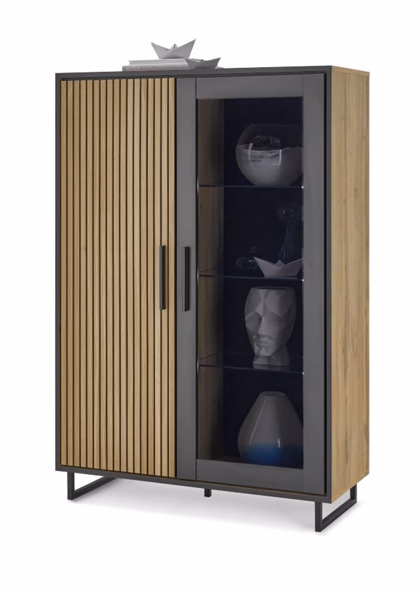 Vitrine- Eiche Dekor, Schwarz, Glas