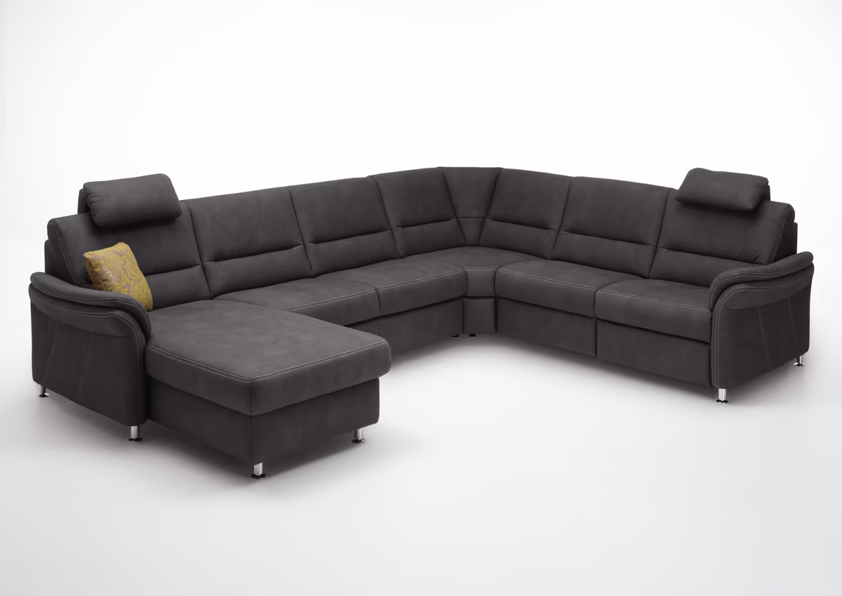 Wohnlandschaft - Longchair links mit 2,5-Sitzer und Ecke rechts inkl. 2 Premiumkopfstützen in Stoff Dunkelgrau