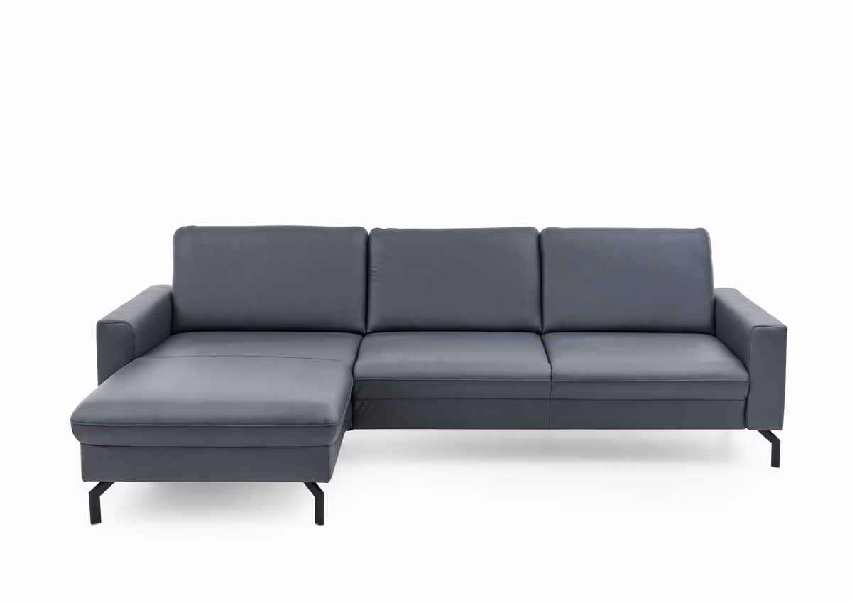 Ecksofa - Longchair links mit 3-Sitzer, Leder, Blau