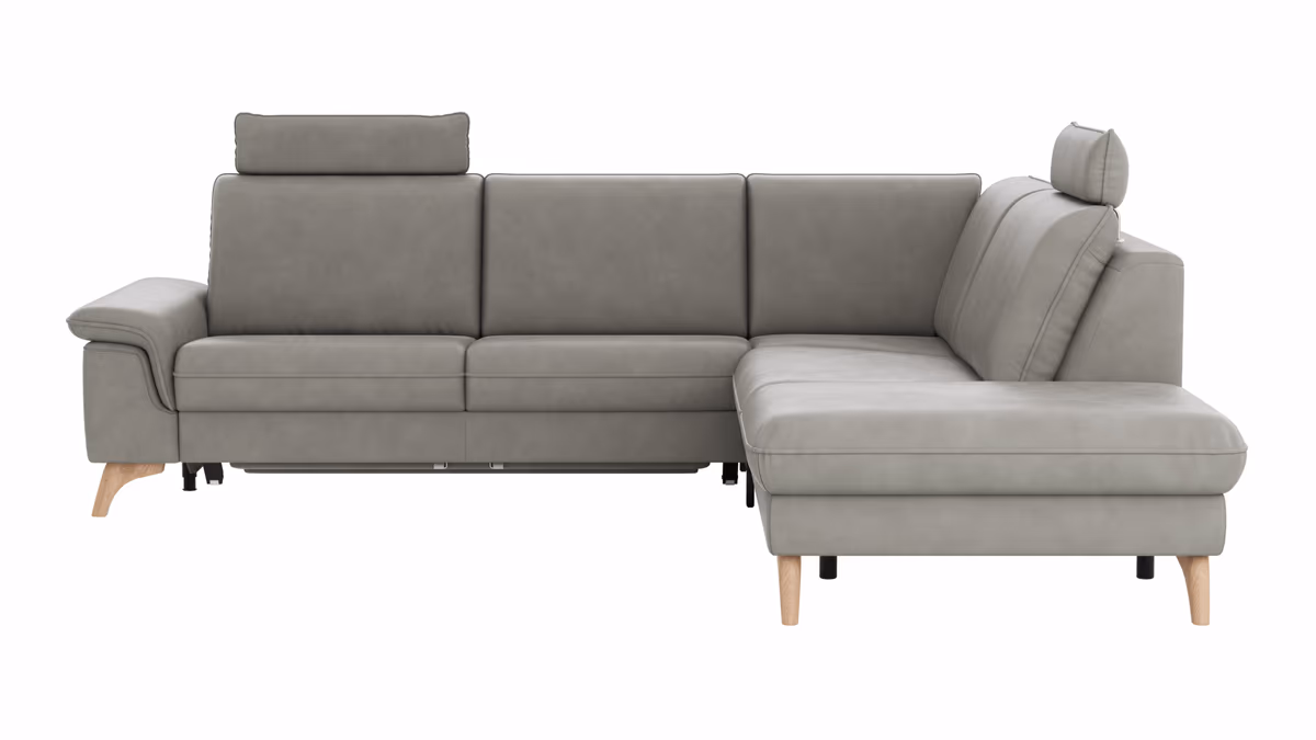 Ecksofa Tulsa KS - 2,5-Sitzer, Spitzecke und 1,5-Sitzer mit Anstellhocker aufklappbar rechts,  inkl. Kopfstütze, AL verstellbar und Schlaffunktion, Leder, Graubeige