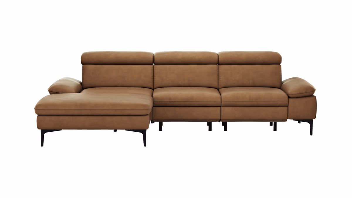Ecksofa Felipa - Longchair links mit 2,5-Sitzer inkl. Armlehne verstellbar und Rückenlehne/Sitztiefe verstellbar (motorisch), Leder, Cognac
