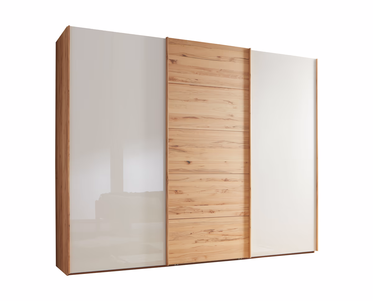 Schwebetürenschrank - B. ca. 300 cm, Astkernbuche Teilmassiv, Mitteltür Massivholz, Glas Champagner 