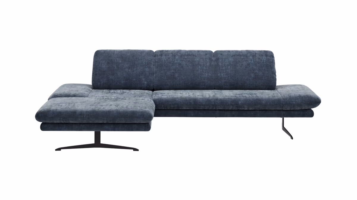 Ecksofa Hubertus - Longchair links mit 2-Sitzer, Rückenlehne/Armlehne verstellbar, Stoff, Blau