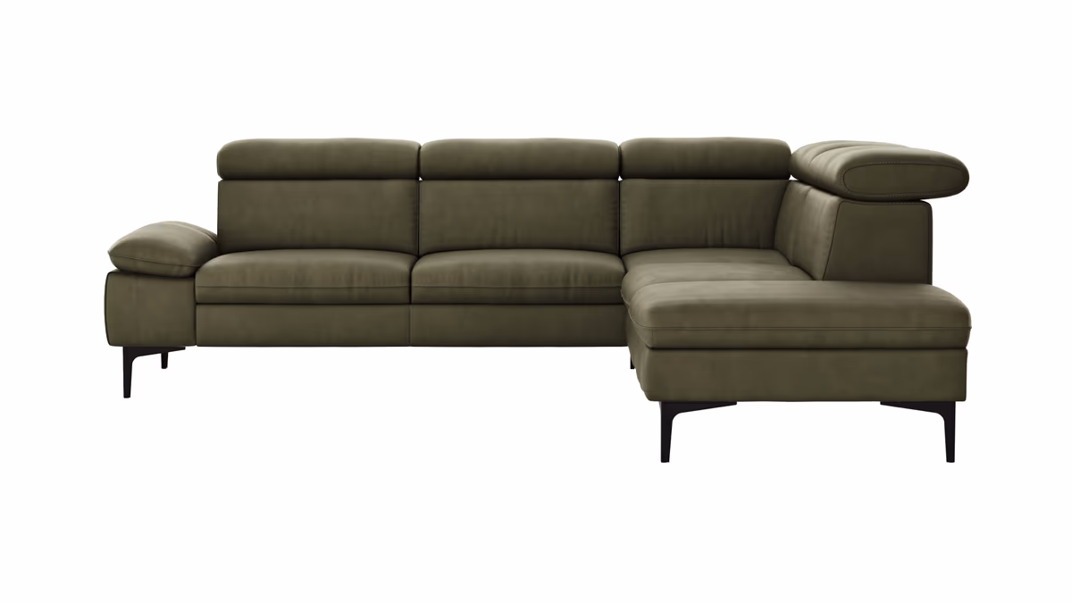 Ecksofa Felipa - 2,5-Sitzer mit Ecke rechts inkl. Kopfteil verstellbar, Leder, Olive