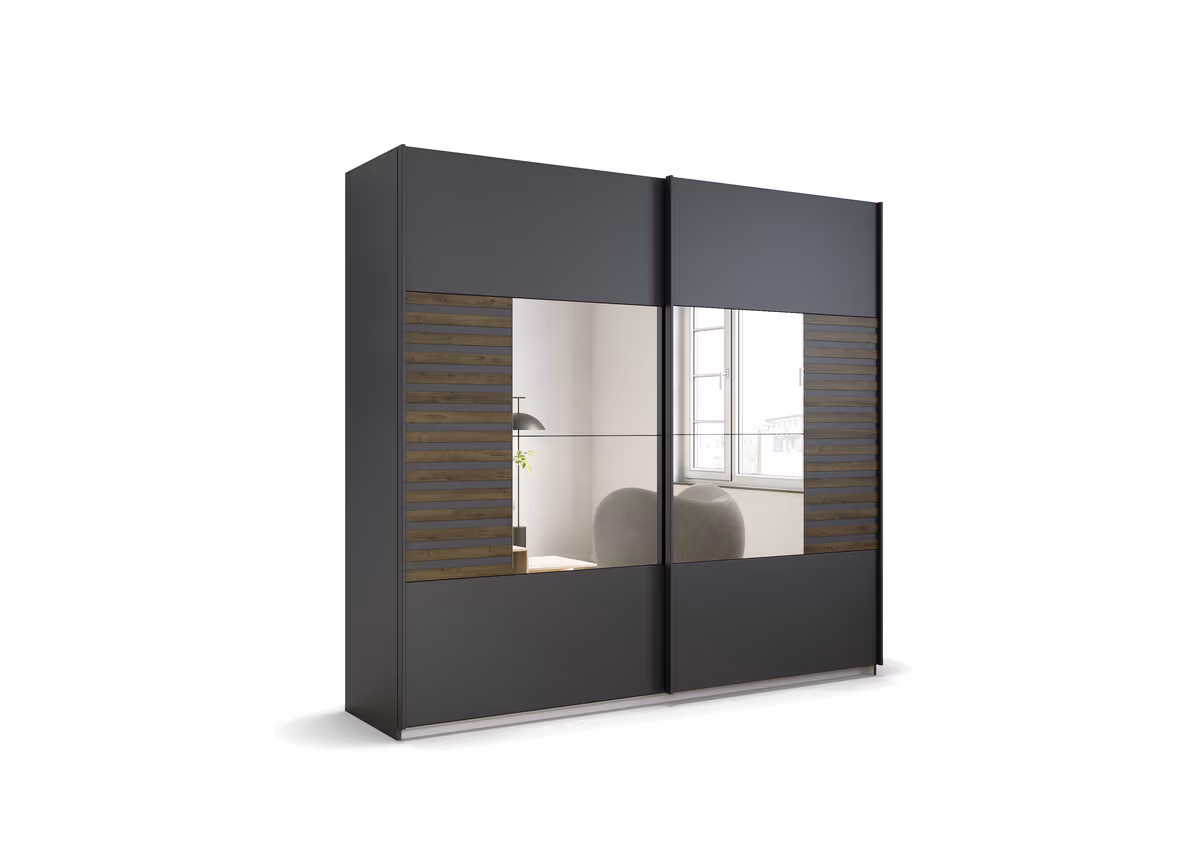 Schwebetürenschrank- B ca. 226 cm, Grau Metallic, Eiche Dunkel, Spiegel