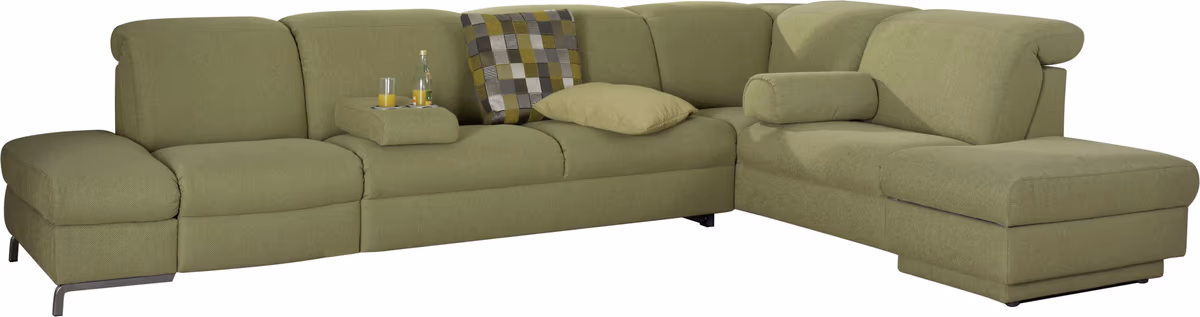 Ecksofa - 3,5-Sitzer mit Ecke rechts, Kopfteil/Armlehne verstellbar, Relaxfunktion motorisch, Stoff, Olive