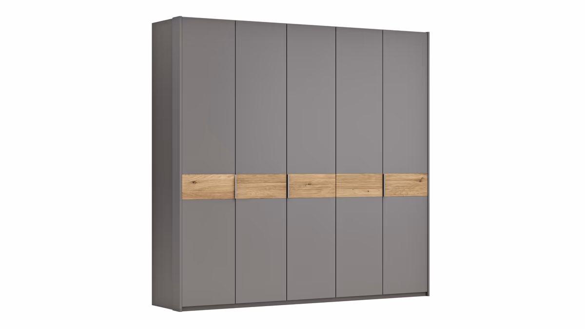 Drehtürenschrank Viana - B ca. 254 cm, Lack, Steingrau, Riffholz, Wildeiche