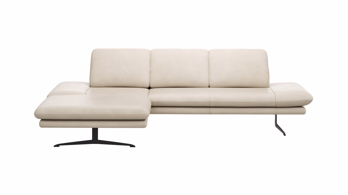 Ecksofa Hubertus - Longchair links mit 2-Sitzer, Armlehne verstellbar, Leder, Creme
