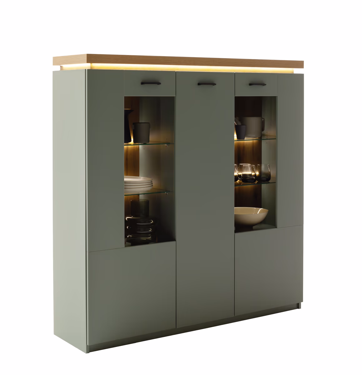 Highboard - mit Beleuchtung, B ca. 138 cm, Salbeigrün, Eiche Evoke Nachbildung