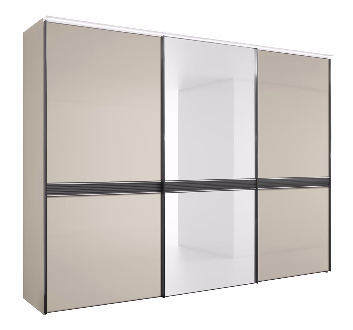 Schwebetürenschrank 3-türig EM Armadio - mit Beleuchtung,  B. ca. 298 cm, Dekor sand, Sandglas, Spiegel