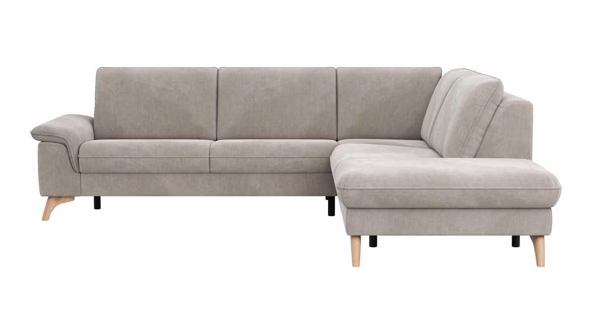 Ecksofa Tulsa KS - 2,5-Sitzer, Spitzecke und 1,5-Sitzer mit Anstellhocker rechts, Stoff, Graubeige