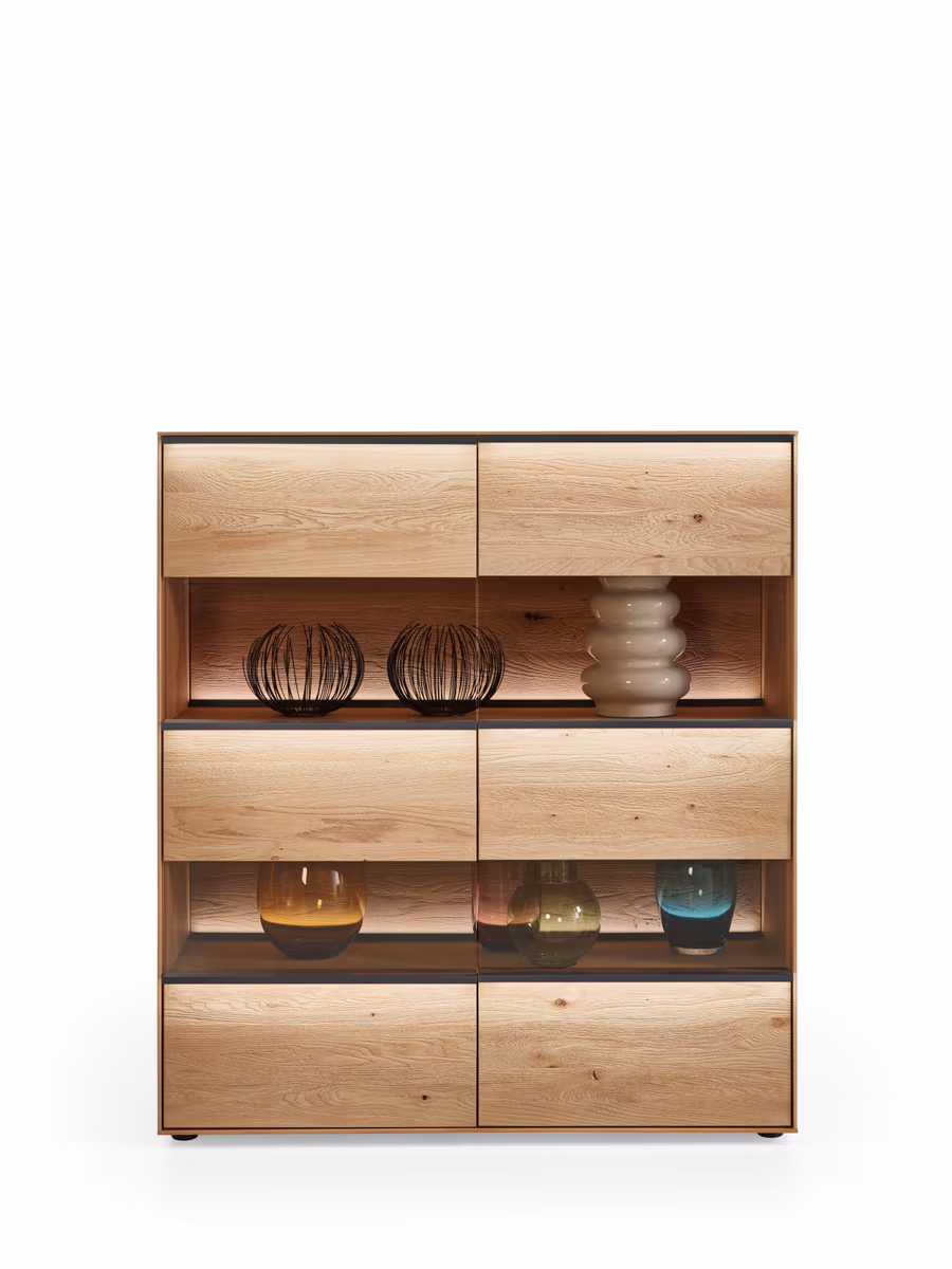 Highboard - mit Beleuchtung, Kerneiche Natur massiv
