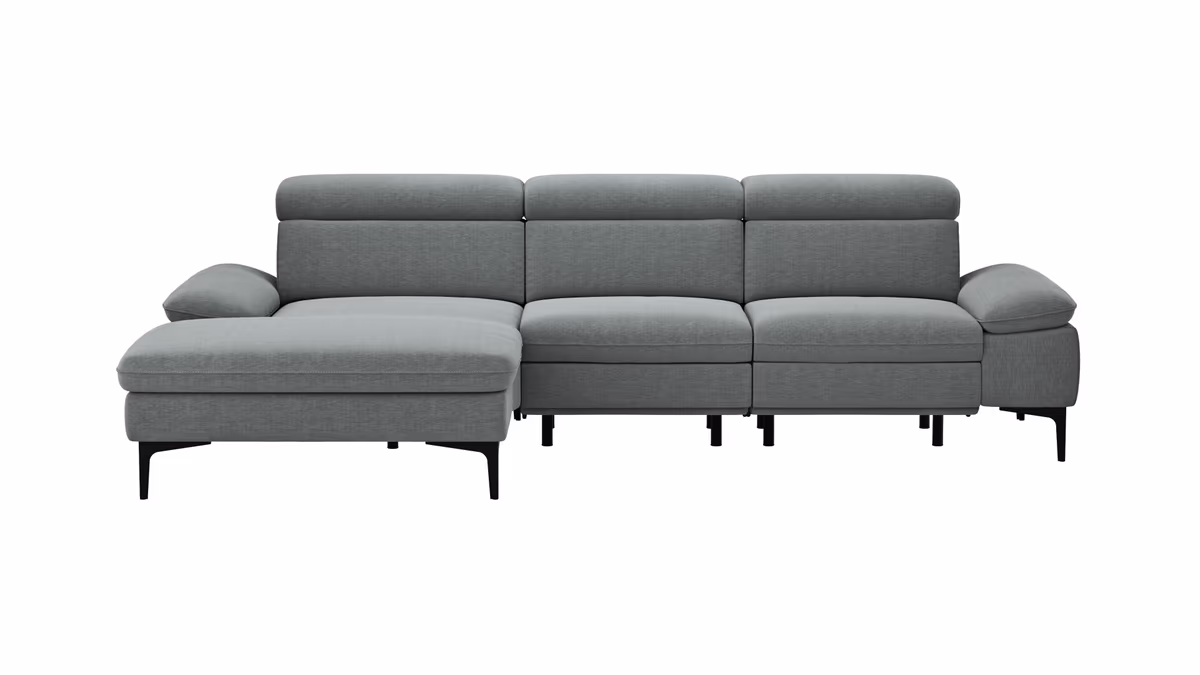 Ecksofa Felipa - Longchair links mit 2,5-Sitzer inkl. Armlehne verstellbar und Rückenlehne/Sitztiefe verstellbar (motorisch), Stoff, Grau