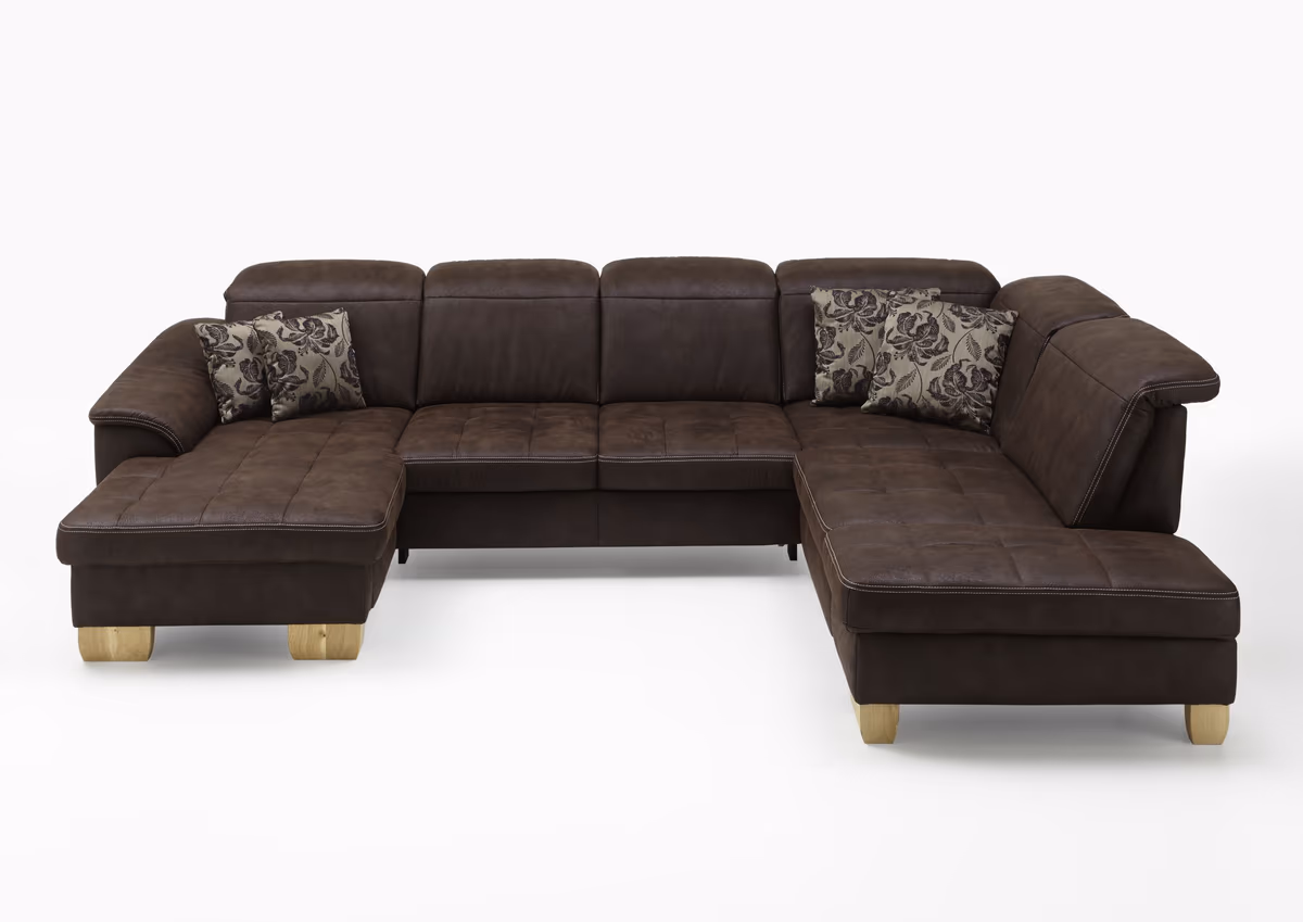 Wohnlandschaft - Longchair links mit 2,5-Sitzer und Ecke rechts, Kopfteil verstellbar, Stoff, Mocca