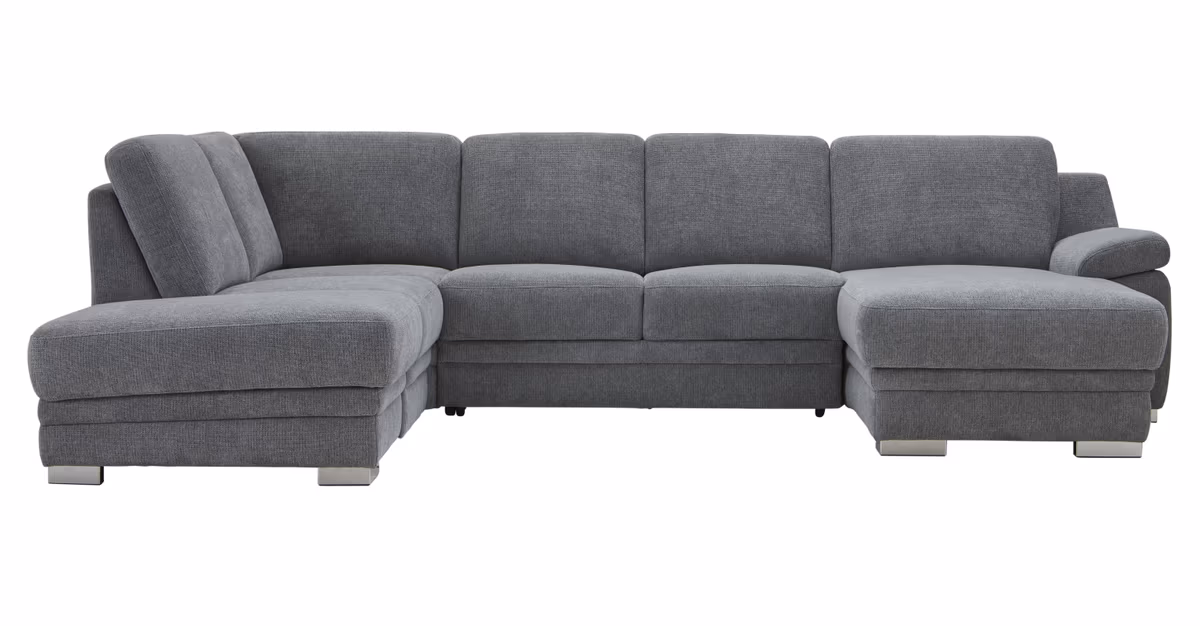 Wohnlandschaft Tavira - Ecke und Abschlussteil links mit 2-Sitzer und Longchair rechts, Stoff, Grau