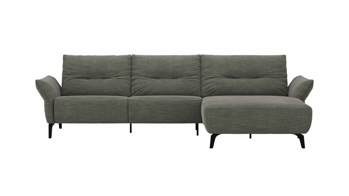 Ecksofa Bahia - 2,5-Sitzer mit Longchair rechts inkl. Armlehne verstellbar, Stoff, Olive