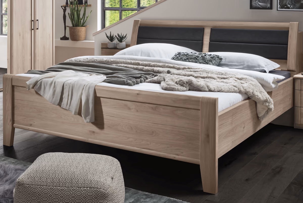 Bett mit Polsterkopfteil anthrazit  EM 1080 - Liegefläche ca. 180x200 cm, Steineiche Nachbildung