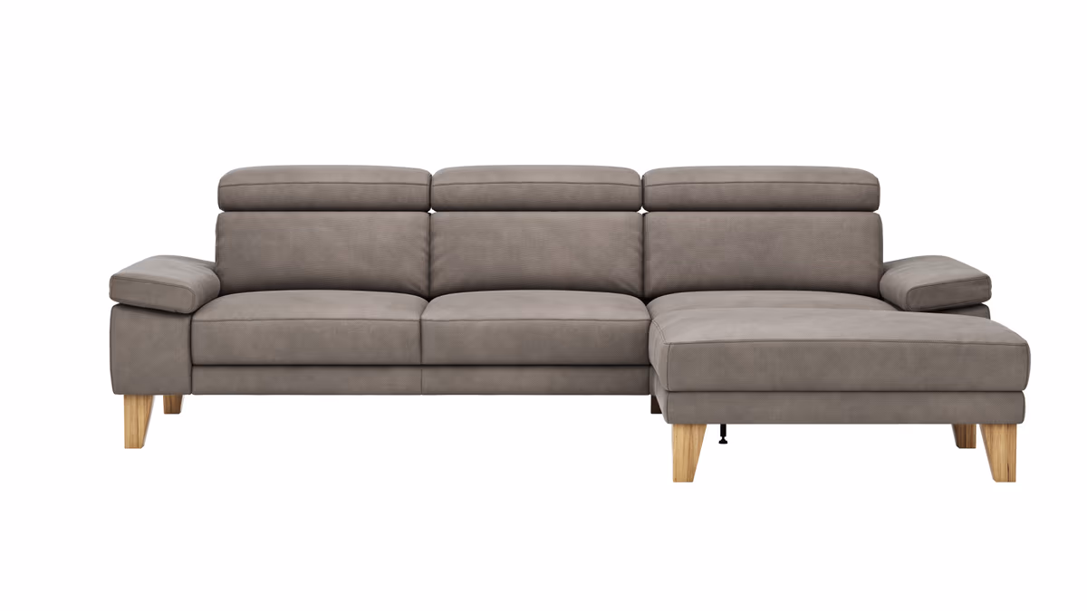 Ecksofa Hudson - 2,5-Sitzer mit Longchair rechts inkl. Kopfteil verstellbar, Stoff, Steingrau
