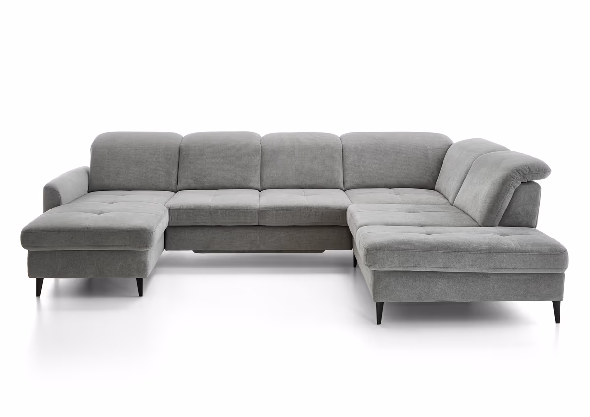 Wohnlandschaft - Longchair links mit 2,5-Sitzer und Ecke rechts, Sitztiefe verstellbar, Stoff, Grau