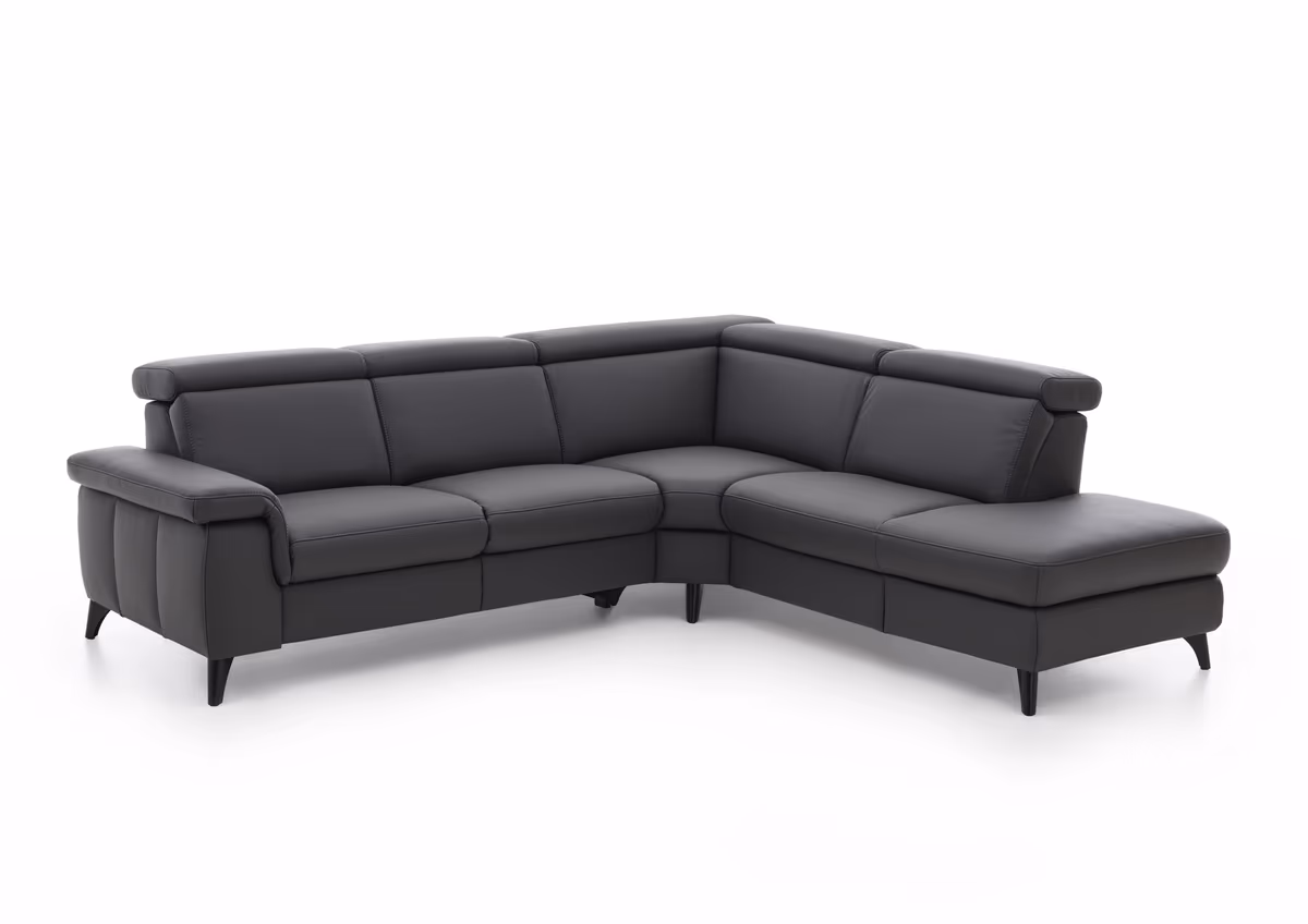 Ecksofa EM Salo - mit Kopfteilverstellung, 2,5-Sitzer mit Ecke rechts, Leder, Anthrazit