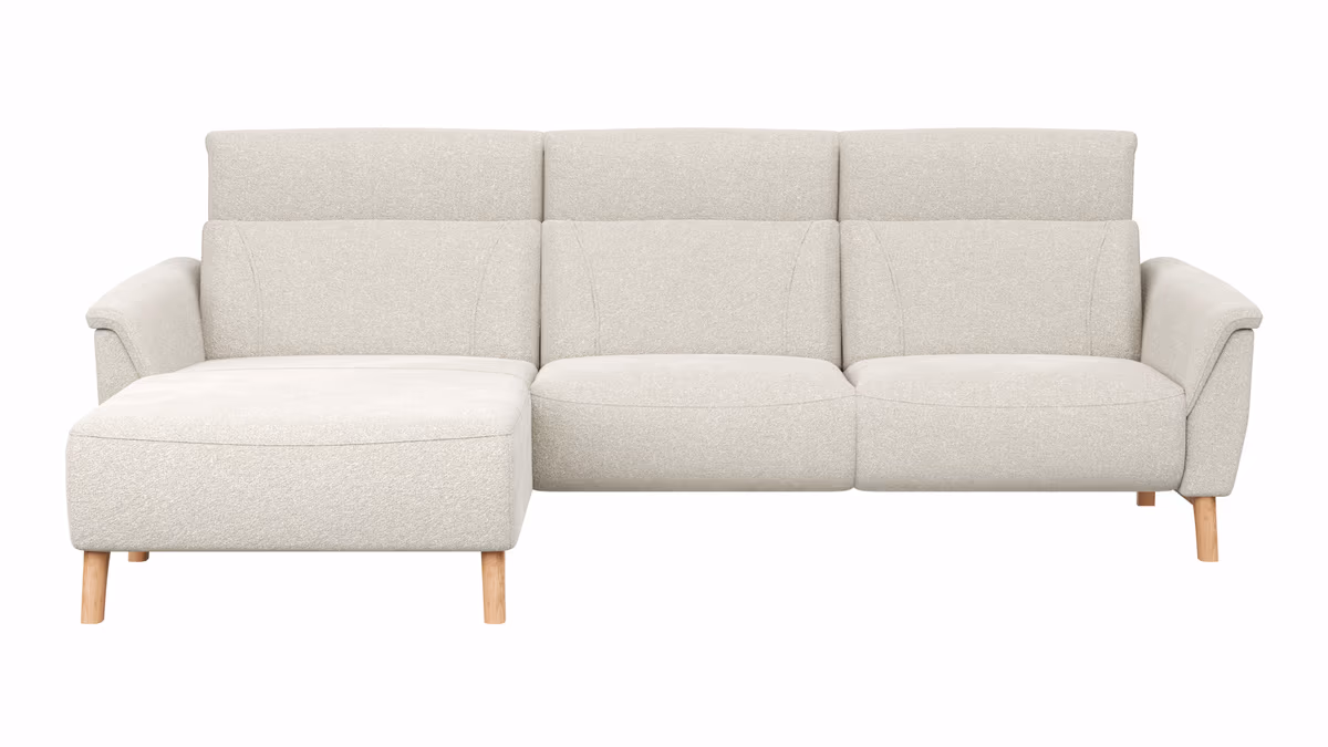 Ecksofa Nevin - Longchair links mit 2-Sitzer rechts, inkl. Kopfpolsterverstellung, Stoff, Weiß
