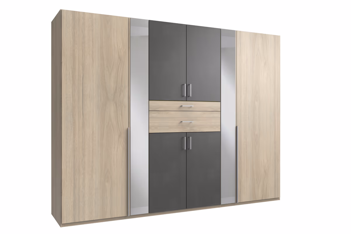 Drehtürenschrank- B ca. 270 cm, Eiche Dekor, Grau, Spiegel