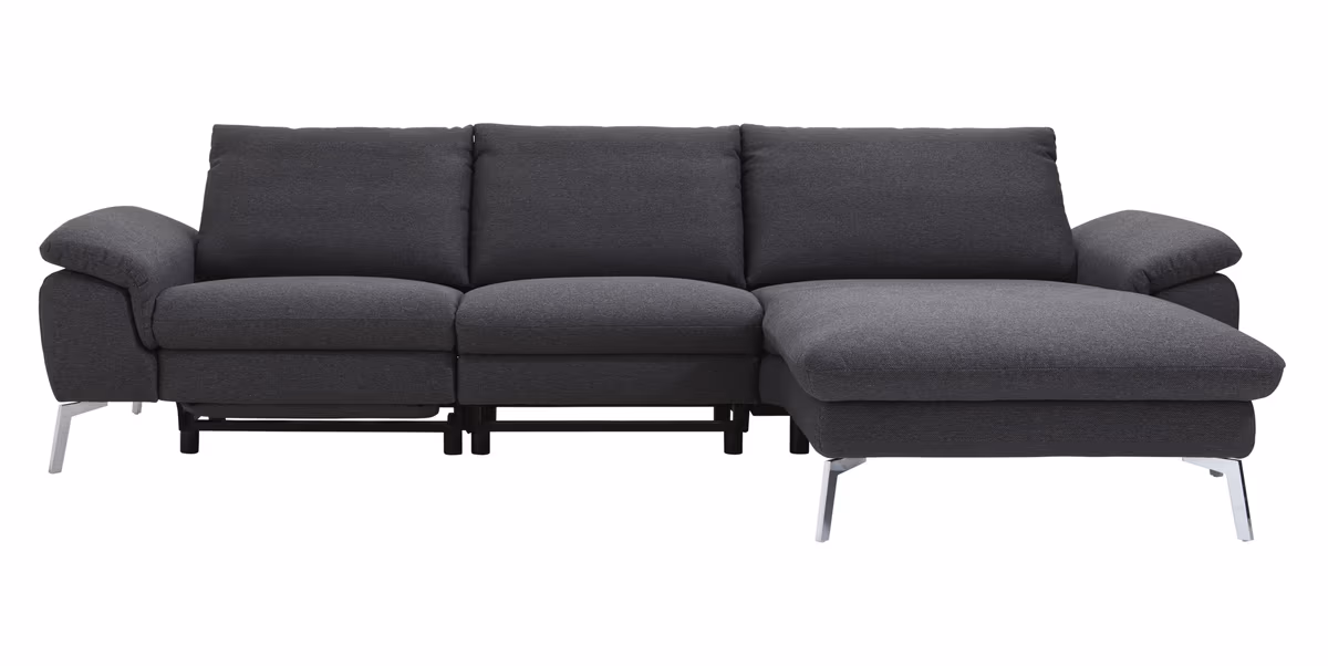 Ecksofa Gotera - 1,5-Sitzer med + 1,5-Sitzer med mit Longchair groß rechts inkl. Schlaffunktion (teilmotorisch), Armlehne klappbar, Rückenlehne verstellbar  und einmal Relaxfunktion (teilmotorisch), Stoff, Anthrazit