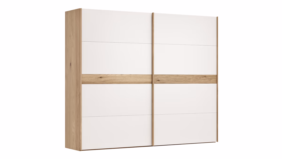 Schwebetürenschrank Viana - B ca. 271 cm, Lack, Weiß, Riffholz, Balkeneiche
