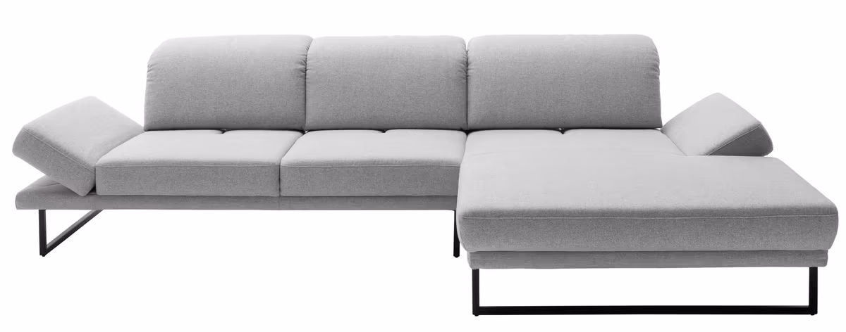 Ecksofa - 2-Sitzer mit Longchair rechts, Kopfteil/Sitztiefe/Armlehne verstellbar, Stoff, Hellgrau