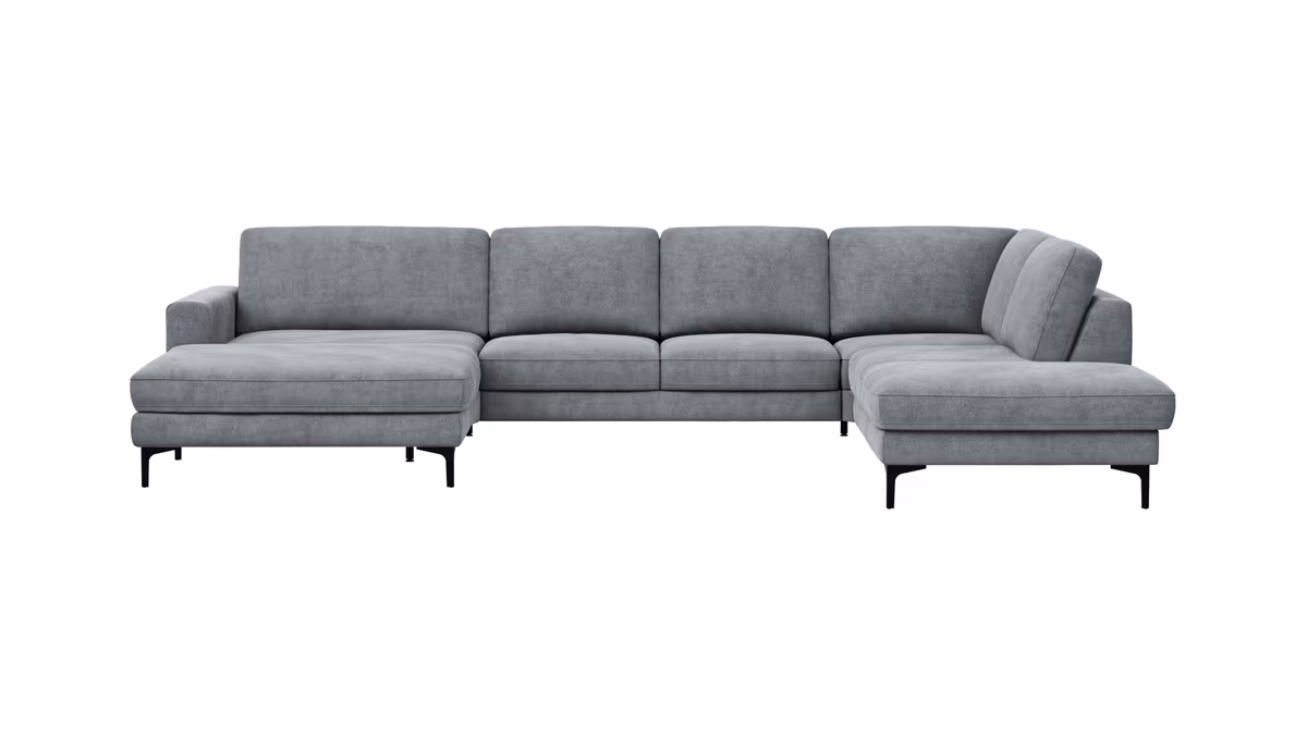 Wohnlandschaft Oviedo - Longchair links mit 2-Sitzer und Ecke rechts, Stoff, Grau