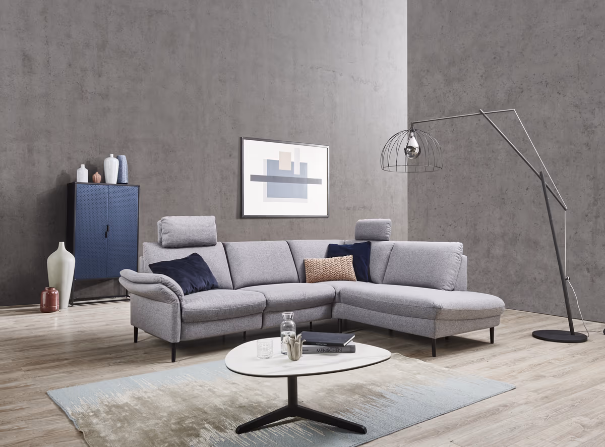 Ecksofa EM Preko mit Kopfstützen - 3-Sitzer mit Ecke rechts, Stoff, Grau