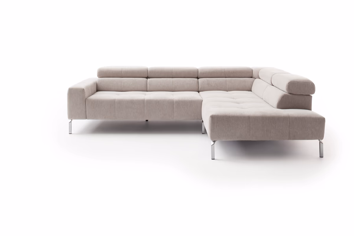 Ecksofa - 2-Sitzer mit Ecke rechts, Kopfteil/Sitztiefe verstellbar, Stoff, Natur