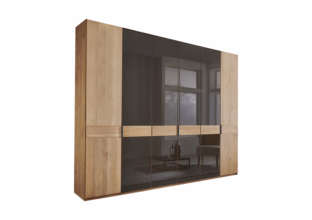 Drehtürenschrank -  B. ca. 300 cm, Erle Teilmassiv, Querriegel Massiv, Glastüren Mocca