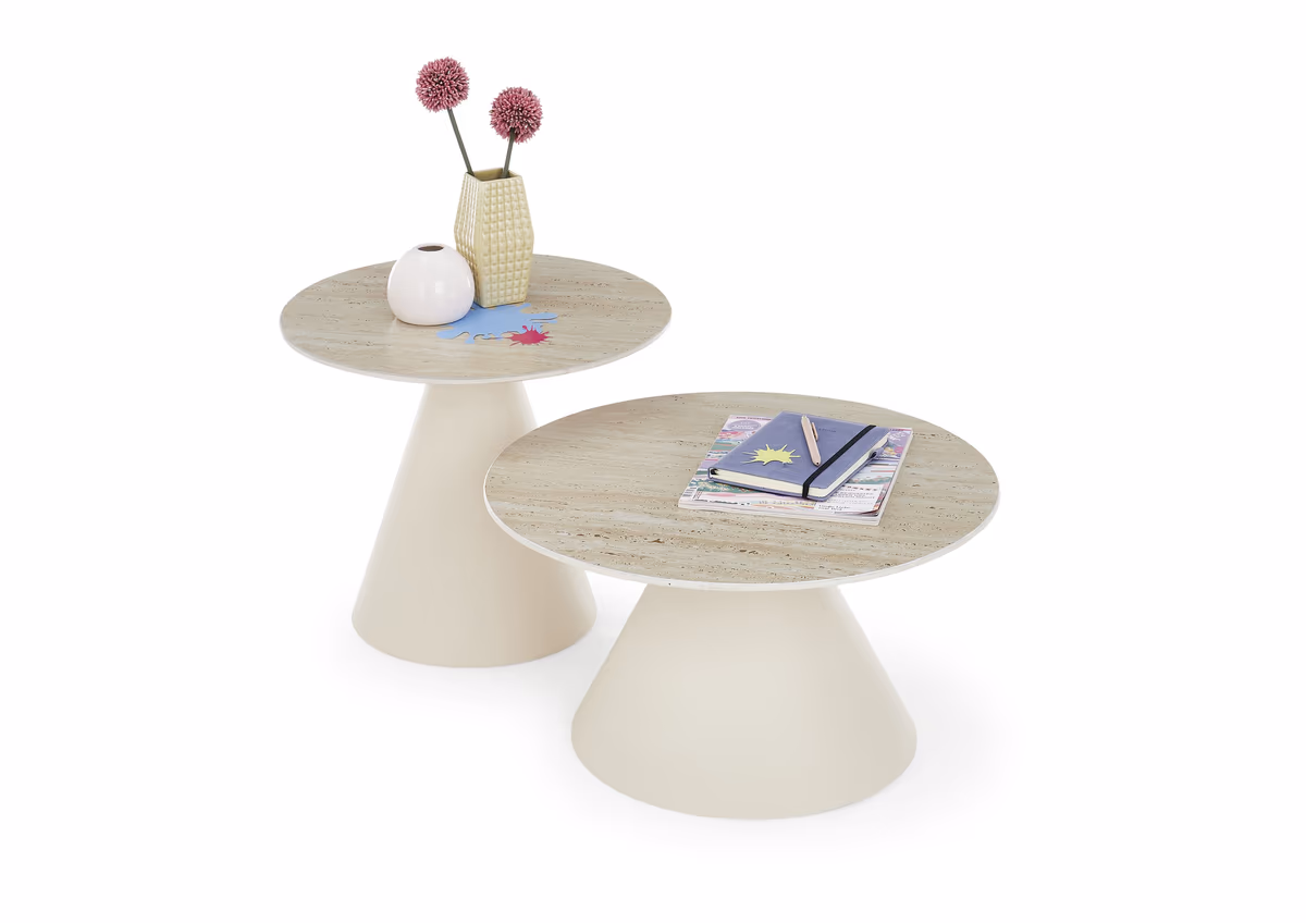 Couchtisch - 2er Set, Traventinoptik hell, Cremeweiß