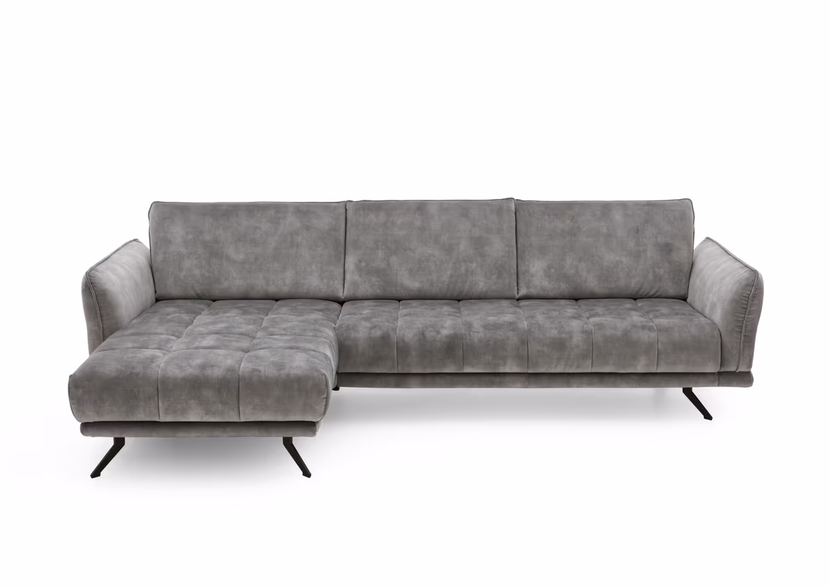 Ecksofa - Longchair links mit 3-Sitzer, Velourstoff, Silbergrau