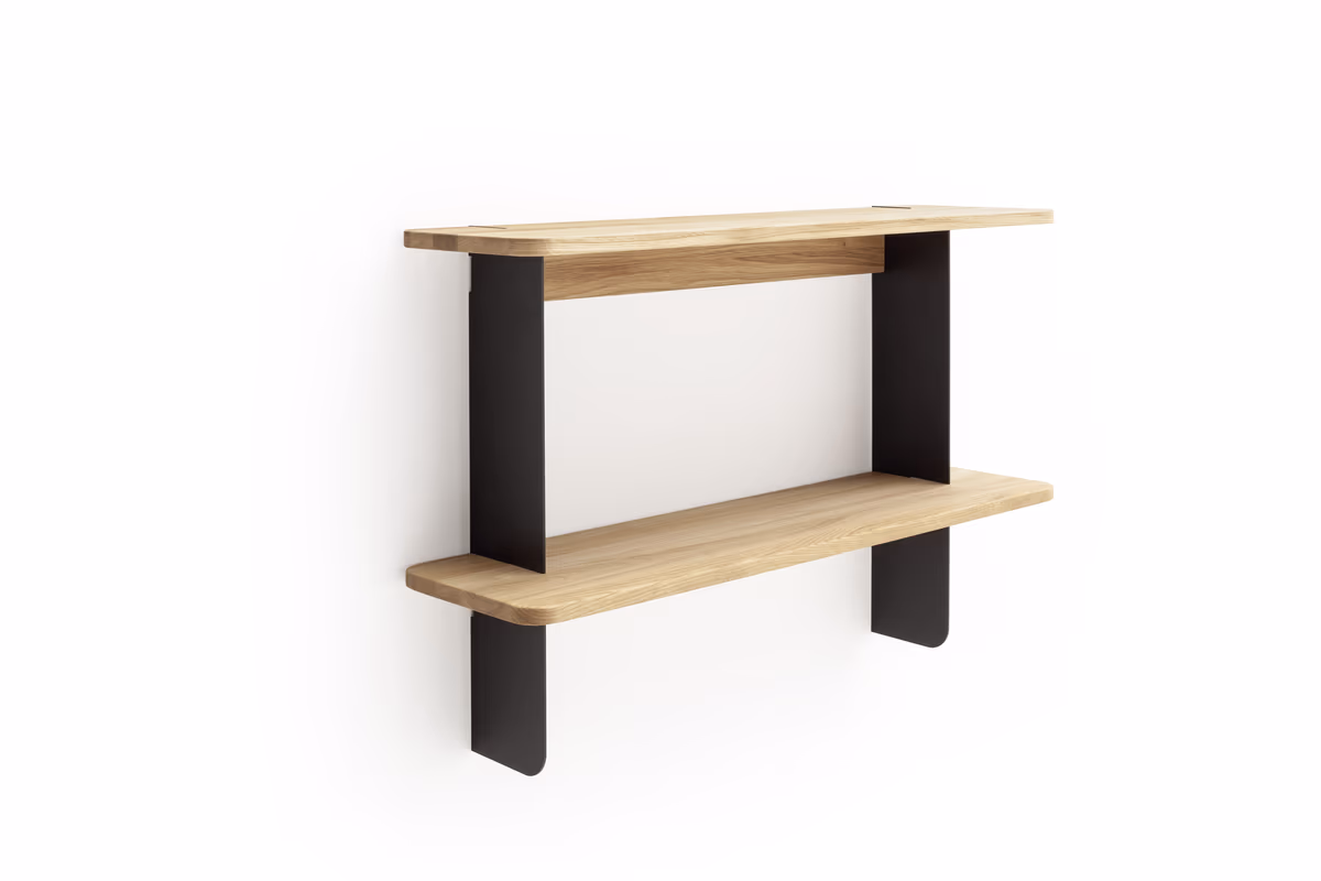 Wandregal Olai - Asteiche massiv, Metall, Schwarz