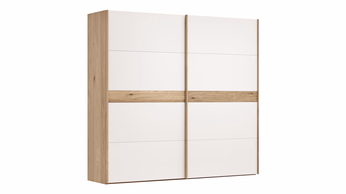 Schwebetürenschrank Viana - B ca. 241 cm, Lack, Weiß, Riffholz, Balkeneiche