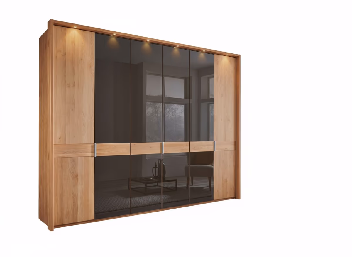 Drehtürenschrank - inkl. Passepartout-Rahmen und Beleuchtung, B. ca. 306,4 cm, Erle teilmassiv, Glas Mocca