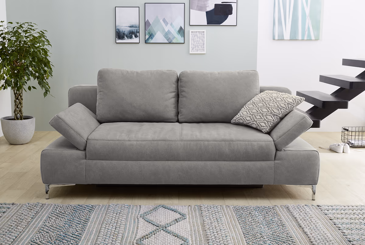 Schlafsofa - 2-Sitzer inkl. Schlaffunktion, Bettkasten und Armteilverstellungen, Stoff grau