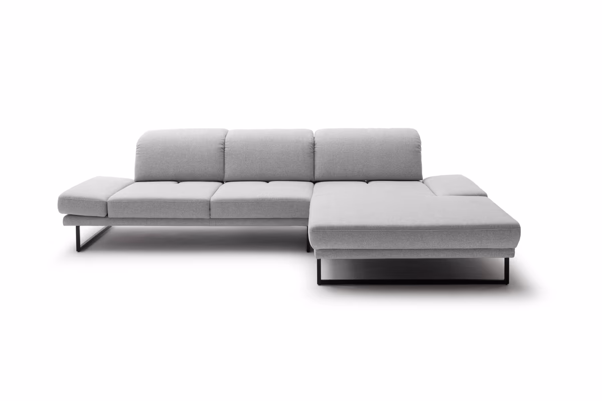 Ecksofa - 2-Sitzer mit Longchair rechts, Kopfteil/Sitztiefe verstellbar, Stoff, Hellgrau