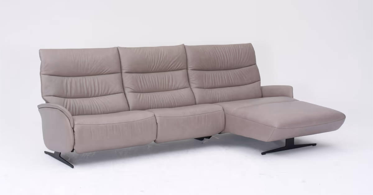Ecksofa - 3-Sitzer mit Longchair rechts, Relaxfunktion motorisch, Leder, Eisengrau