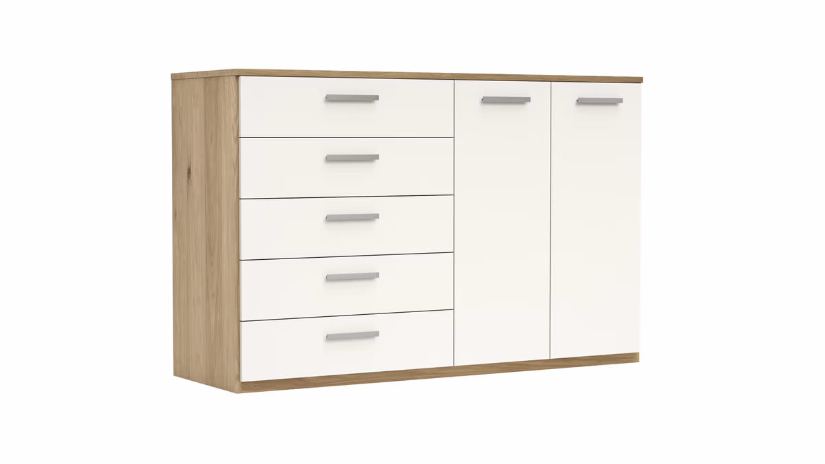 Kommode Viana - Balkeneiche furniert, Weiß