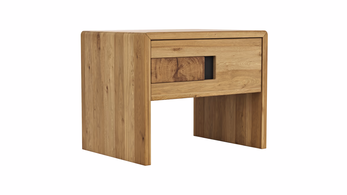 Nachttisch Baltimore - Rechts, Wildeiche massiv, mit Hirnholzeinsatz