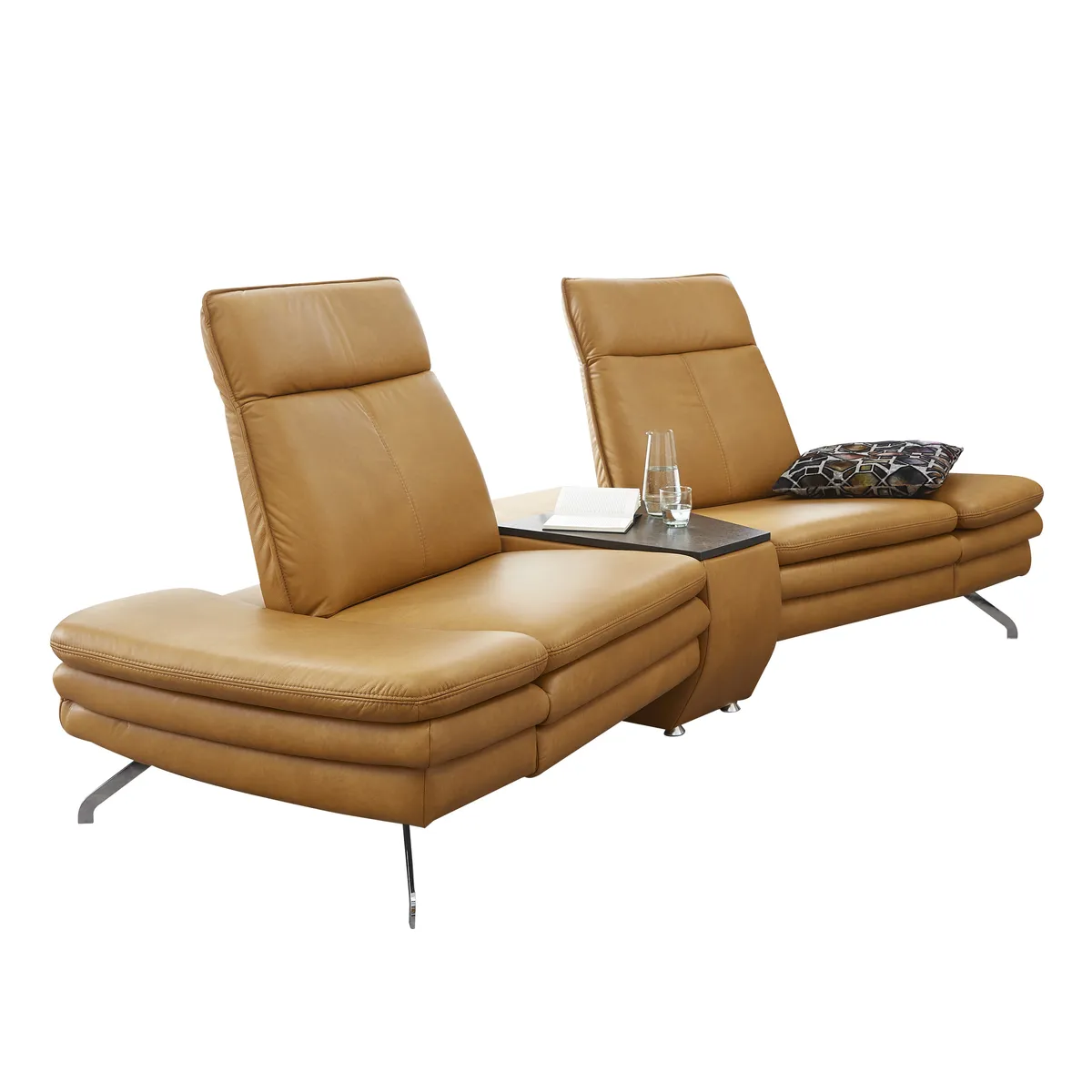 Sofa San Andreas - 3-Sitzer mit Tisch, Kopfteil/Rückenlehne/Armlehne verstellbar, Leder, Kurkuma
