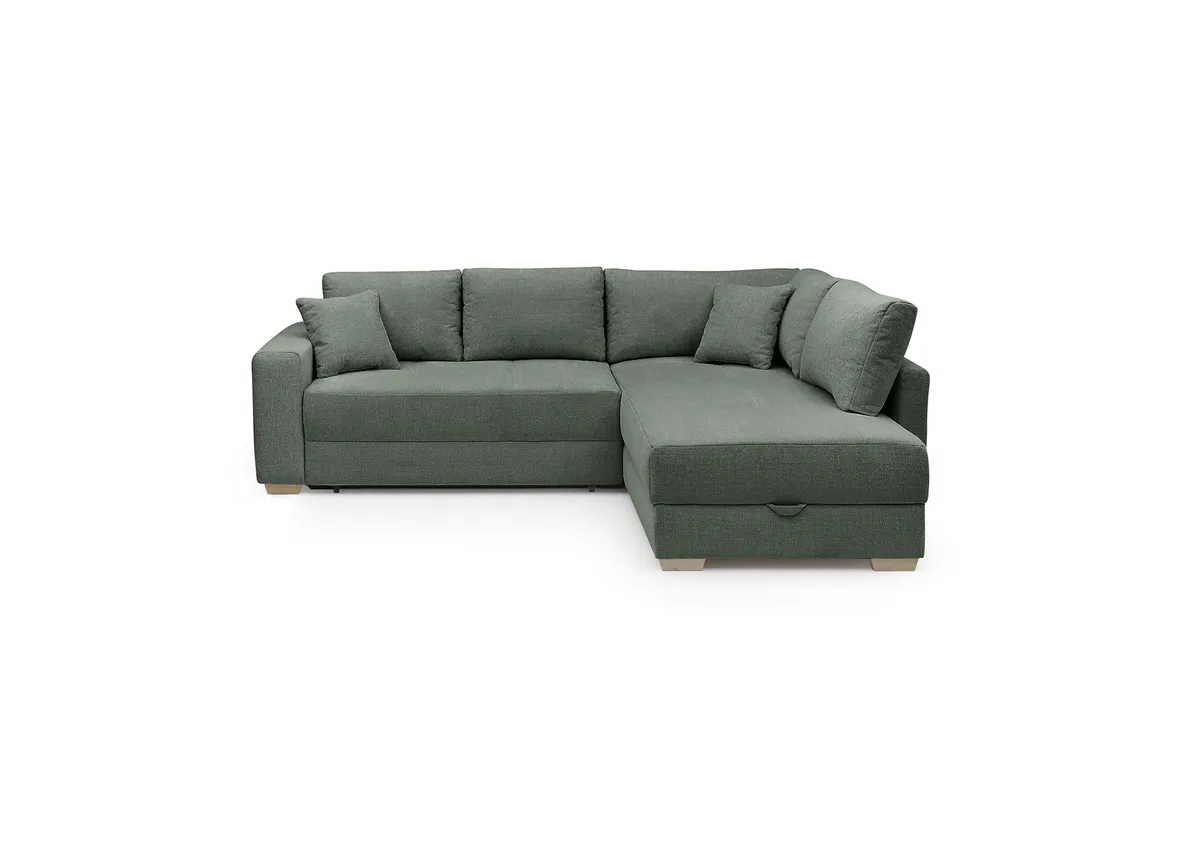 Ecksofa Jyte - 2-Sitzer mit Ecke rechts, Schlaffunktion mit Bettkasten, Stoff, Dunkelgrün