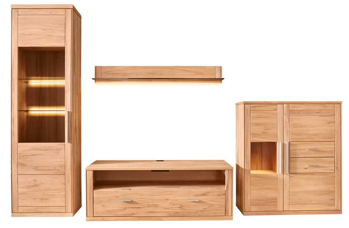 Wohnwand Faro 6.0 - inkl. Beleuchtung, Kernbuche massiv, natur geölt