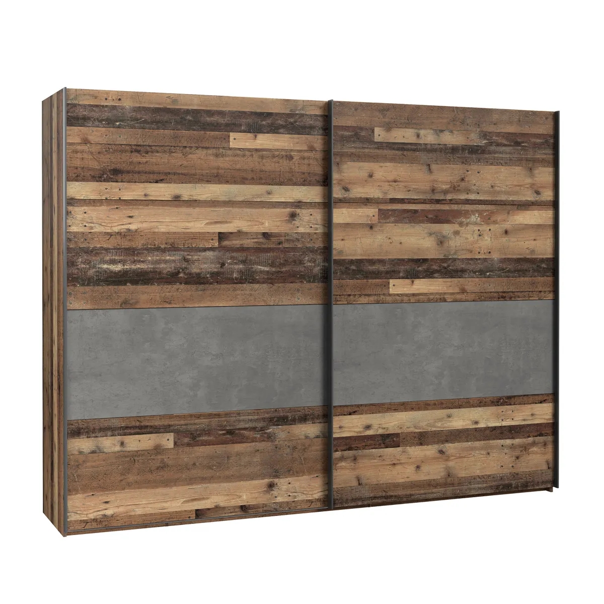 Schwebetürenschrank FEA - B. ca. 270 cm, Old Wood Vintage Dekor, Betonoptik Dunkelgrau