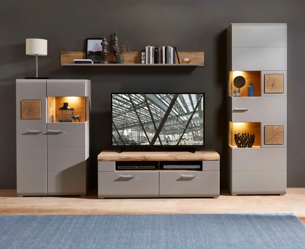 Wohnwand - mit Beleuchtung, Grau