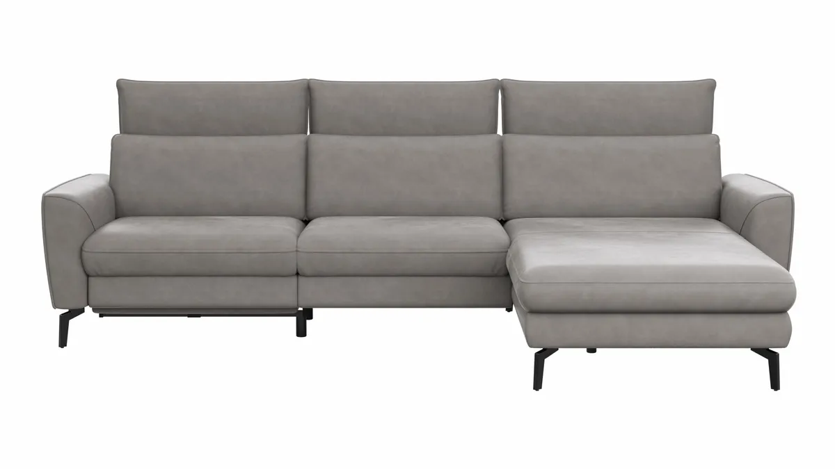Ecksofa Avela - 2,5-Sitzer mit Longchair rechts inkl. Kopfteile verstellbar, Relaxfunktion und Longchair verstellbar (motorisch), Leder, Steingrau